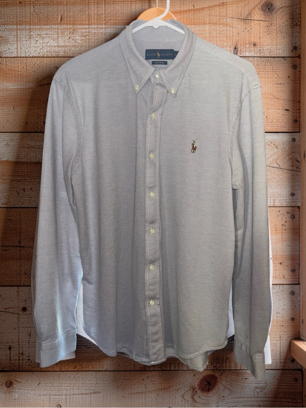 Ralph Lauren Knit Oxford Gray Long Sleeve Button Mens Shirt Size Large
